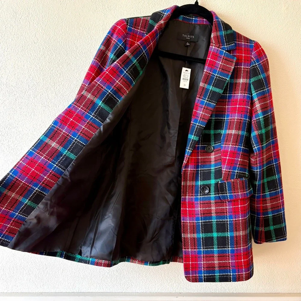 New Talbots Petite Tartan Plaid Sequin Wool Blend Double Breasted Open Blazer 2P